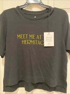 Able Black Short Sleeve Tee with Yellow 'Meet Me at the Hermitage' Print